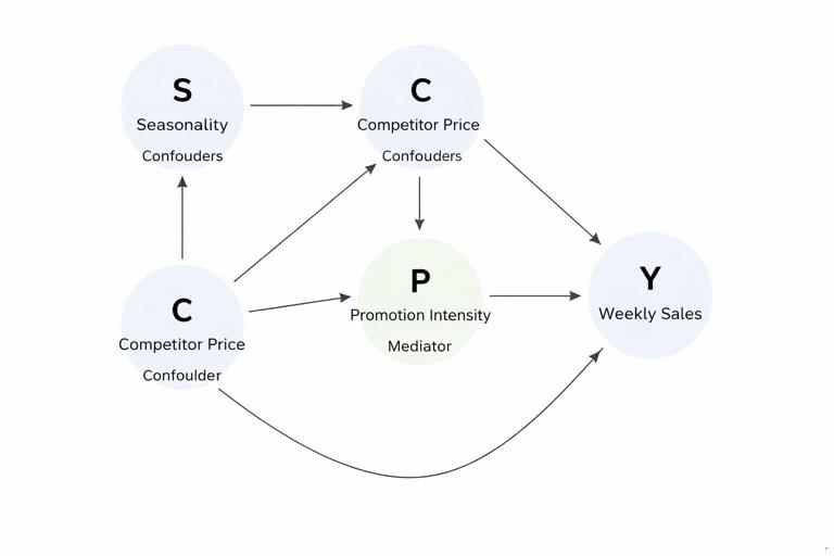 Create a simple business DAG diagram for pricing: nodes S (seasonality), C (competitor price), T (price increase), P (promotion intensity), Y (weekly sales). Arrows: S→T, S→Y, C→T, C→Y, T→P, P→Y. Visually label S and C as confounders (backdoor paths) and P as mediator. Clean white background, minimal professional labels.