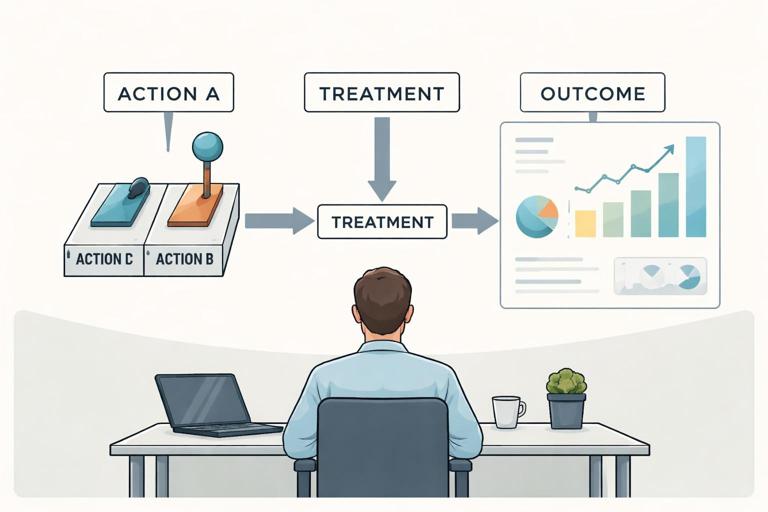 Illustration for a business causal inference chapter: a decision-maker at a desk choosing between two labeled levers Action A and Action B, connected by arrows to a clearly labeled Treatment box, then to an Outcome and Metrics dashboard; clean modern flat vector style, muted corporate colors, high readability, no text.