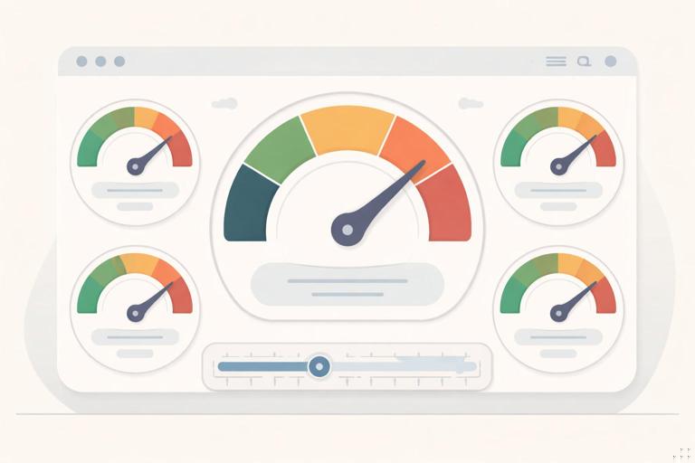 Conceptual illustration: a business dashboard with a large Primary Outcome gauge and smaller Guardrail dials around it (refund rate, complaints, SLA), with a timeline slider indicating time horizon; clean flat vector style, muted colors, no words or numbers.