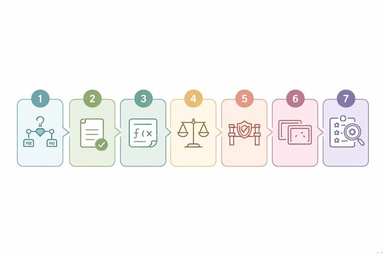 A simple 7-step workflow infographic concept: seven numbered boxes connected left-to-right with arrows, each box showing a small icon (decision, policy, formula, scale, guardrails, windows, data quality); clean minimal vector style, muted colors, no text.