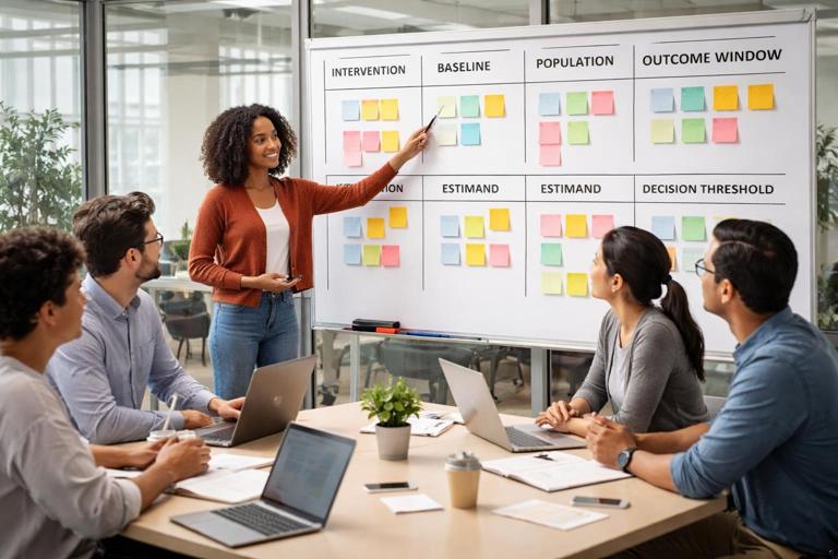 A modern product team planning meeting in a glass-walled conference room, whiteboard covered with a structured template: Intervention, Baseline, Population, Outcome window, Estimand, Decision threshold; sticky notes and laptops; diverse team discussing; clean, professional, documentary photography style, soft daylight, high detail