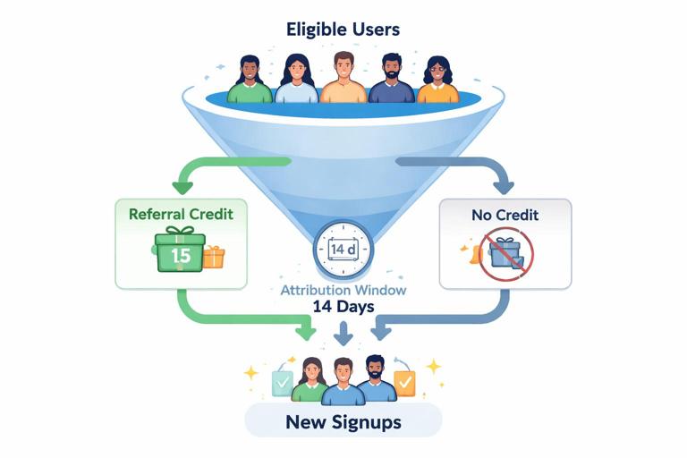 A clean infographic-style illustration showing a marketing campaign funnel with labeled elements: eligible users, referral credit vs no credit, attribution window 14 days, outcome new signups; minimal flat design, readable labels, corporate palette, high resolution
