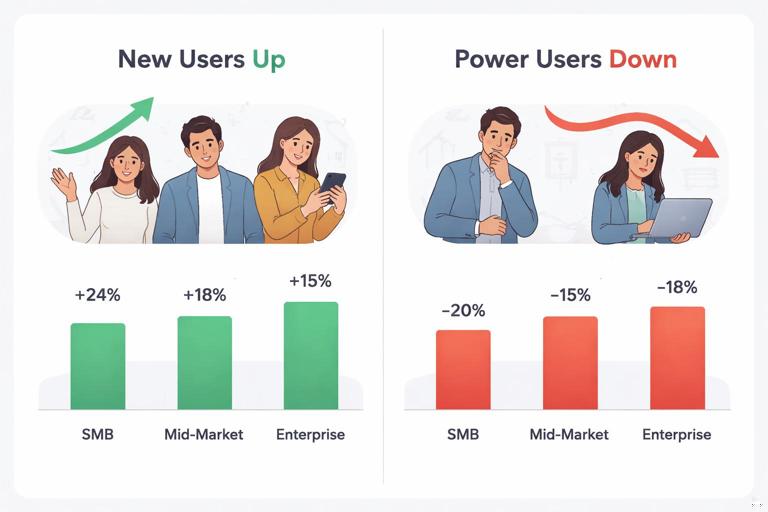 A split-panel illustration showing different user segments responding differently to the same change: new users up, power users down; simple bar charts labeled SMB, mid-market, enterprise; clean product analytics dashboard style, neutral colors, high clarity
