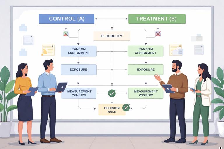 Illustration of a product team planning an A/B test on a large wall board: two columns labeled Control (A) and Treatment (B), a flowchart showing eligibility, random assignment, exposure, measurement window, and decision rule; clean modern flat design, professional business analytics style, muted colors, high readability.