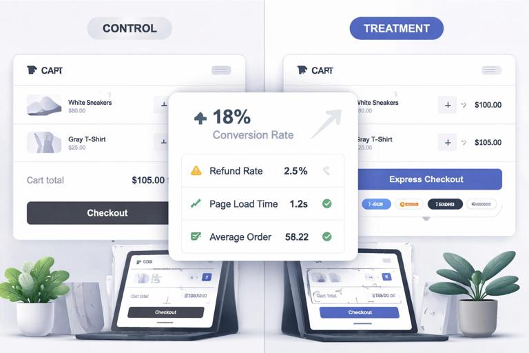 Illustrative scene of an e-commerce cart page A/B test: split-screen showing Control cart vs Treatment cart with a prominent express checkout button; overlay of analytics dashboard with conversion metric and guardrails like refunds and page load time; modern UI mockup style, clean, professional, high contrast, no brand logos.