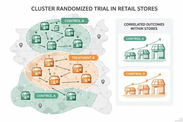 Infographic showing a cluster randomized trial across retail stores: a map with store icons grouped by region, some colored Control A and others Treatment B; arrows indicating spillovers contained within clusters; side panel showing correlated outcomes within stores; clean vector style, business analytics theme, muted colors, no brand names.