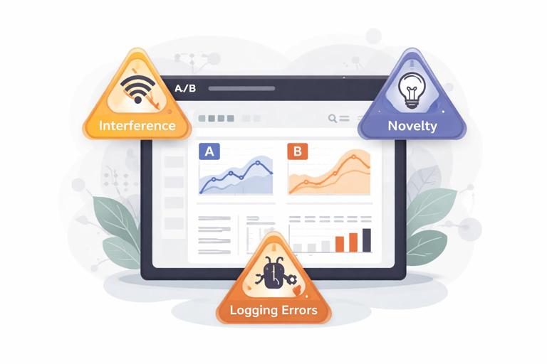 Illustration for an analytics chapter: three overlapping warning icons labeled Interference, Novelty, and Logging Errors around an A/B test dashboard with misleading graphs; clean modern flat design, muted professional colors, high readability, no text in the image.