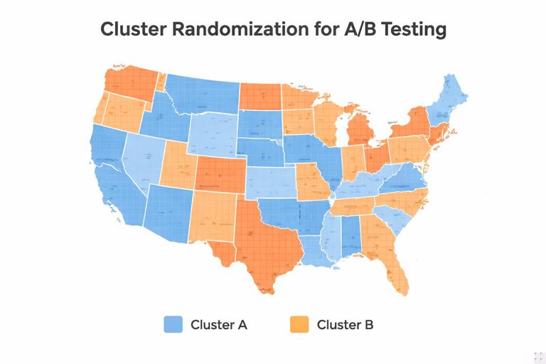 Diagram of cluster randomization for A/B testing: a map or grid divided into clusters, each cluster colored entirely A or B, showing reduced spillover across borders; clean infographic style, minimal text, professional data visualization look.