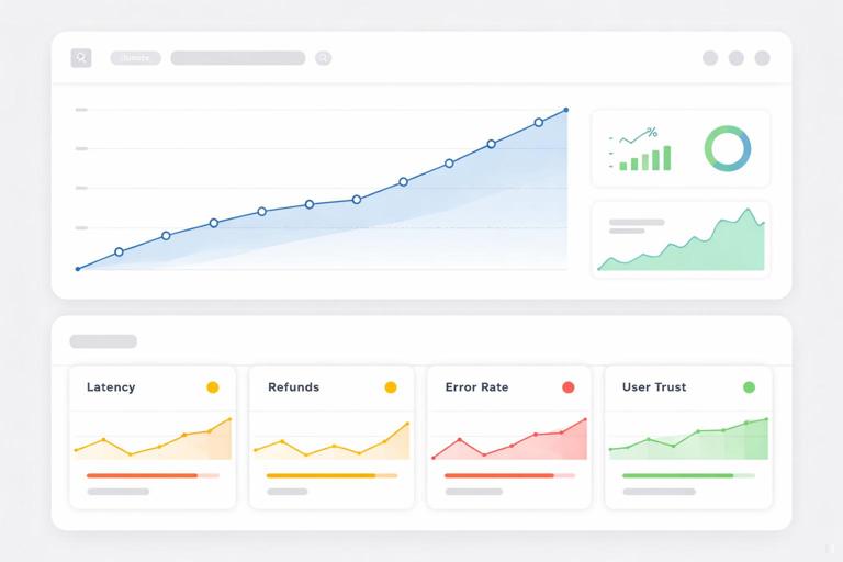 Illustration of a product experiment dashboard showing one primary metric trending upward while several guardrail metrics (latency, refunds, error rate, user trust) are monitored with thresholds; clean flat design, modern analytics UI, neutral colors, high readability, no text labels.