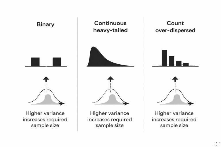 Visual comparison chart of three metric types: binary, continuous heavy-tailed, and count over-dispersed; each shown with a simple distribution shape and a note that higher variance increases required sample size; minimalist infographic style, high contrast, no text labels.