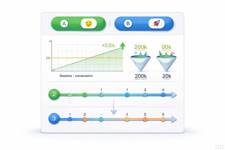 Illustration of an A/B test planning board showing baseline conversion 12%, target lift +0.6pp, traffic per week scenarios (200k vs 20k), and a timeline expanding when MDE halves; clean business infographic, minimalist, no text labels.