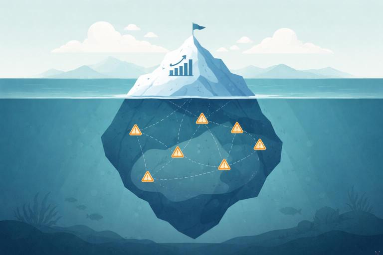 Conceptual illustration of an iceberg labeled underpowered guardrails: top shows primary metric well-powered, below surface shows rare safety events with wide uncertainty; modern flat vector style, muted colors, no text labels.