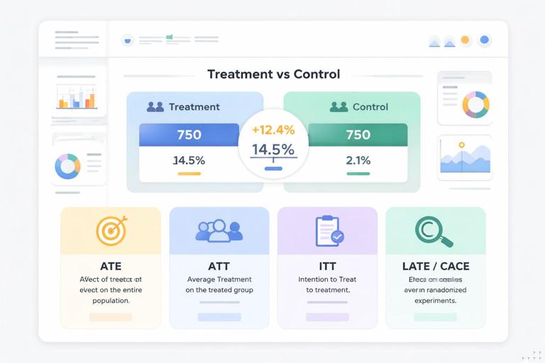 Illustration of a business analytics dashboard showing a central treatment vs control comparison, with four labeled cards: ATE, ATT, ITT, LATE/CACE, each with a simple icon and short definition; clean modern UI, flat design, muted colors, high readability.