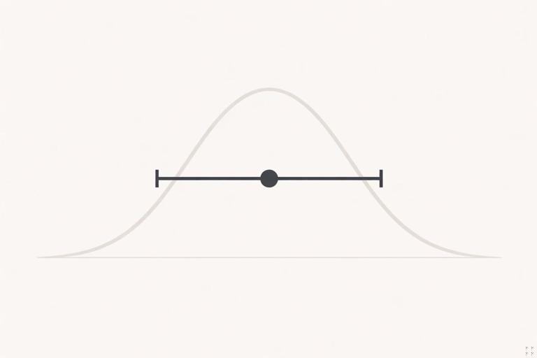Minimalist illustration of a point estimate dot with a horizontal uncertainty interval bar (confidence interval) overlaid on a faint distribution curve; business analytics style, clean lines, neutral palette, no text.