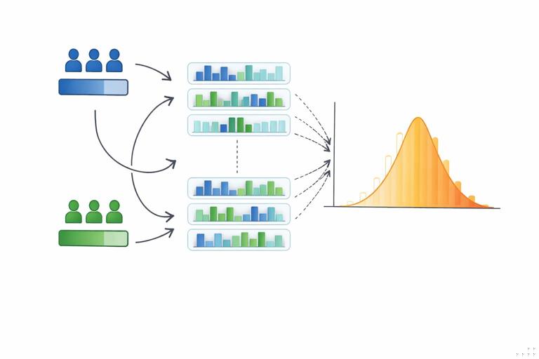 Diagram-style illustration of the bootstrap process for A/B testing: two groups (treatment and control) with resampling arrows looping into many repeated samples, producing a distribution histogram of effect estimates; clean academic-business hybrid style, simple shapes, no text labels.