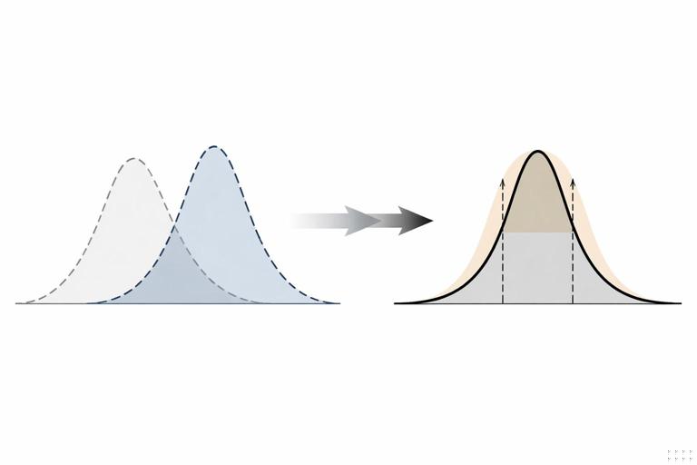 Conceptual illustration of Bayesian posterior updating: prior curve plus likelihood curve combining into a posterior curve, with a shaded credible interval; clean mathematical infographic style, neutral colors, no text.