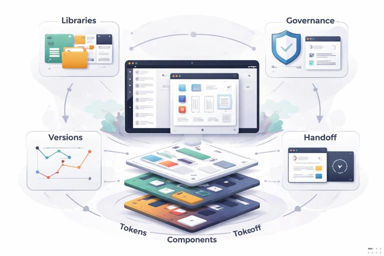 Ilustração editorial em estilo vetorial limpo mostrando um workspace do Figma organizado como um Design System escalável: bibliotecas, governança, versões e handoff, com camadas visuais (tokens, componentes, templates) conectadas por setas; aparência profissional, cores neutras com acentos, sem texto legível.