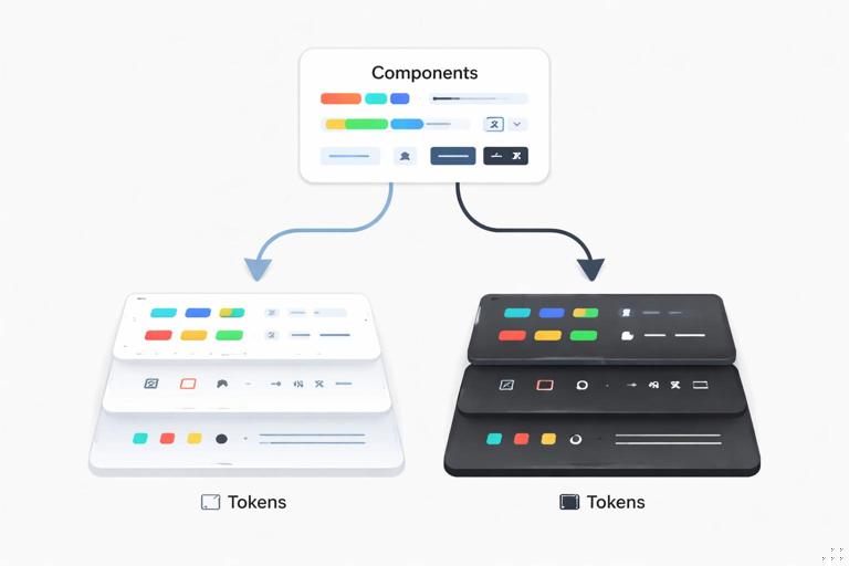 Diagrama visual simples em estilo flat mostrando um único conjunto de componentes conectado a dois conjuntos de tokens (tema claro e tema escuro), com setas e camadas; aparência moderna, minimalista, sem texto legível.