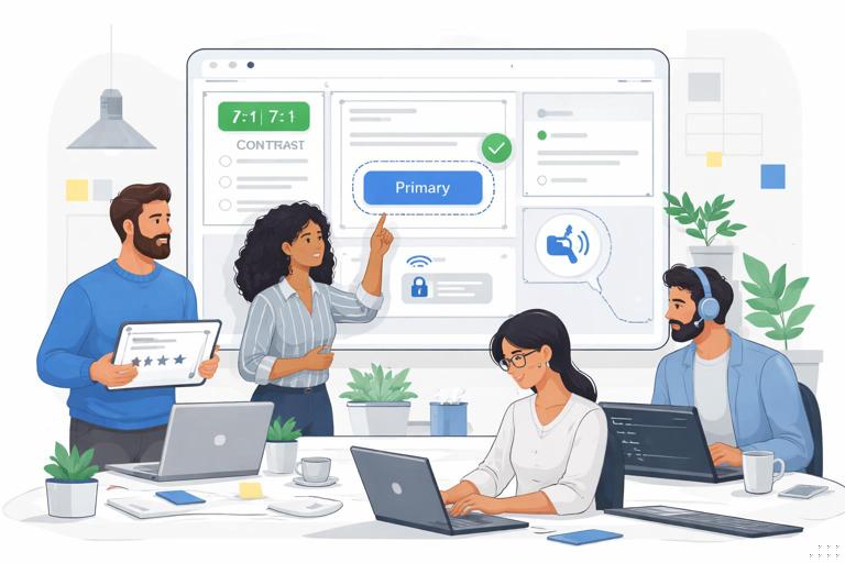 Ilustração editorial de um time de design e desenvolvimento usando um design system acessível: componentes em uma tela com indicadores de contraste, foco visível e ícones de leitor de tela; estilo moderno, limpo, cores neutras com detalhes em azul, ambiente de trabalho, alta legibilidade