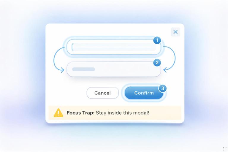 Ilustração de um modal na interface com anel de foco destacado, setas indicando a ordem de tabulação e um aviso de focus trap; estilo clean de UI, cores suaves, alta clareza, sem texto pequeno ilegível