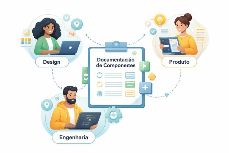Ilustração editorial mostrando três pessoas ou áreas (Design, Produto e Engenharia) conectadas por um documento ou contrato central chamado Documentação de Componentes, com setas e ícones de alinhamento e consistência, estilo clean, cores suaves, visual de design system, alta legibilidade, fundo claro