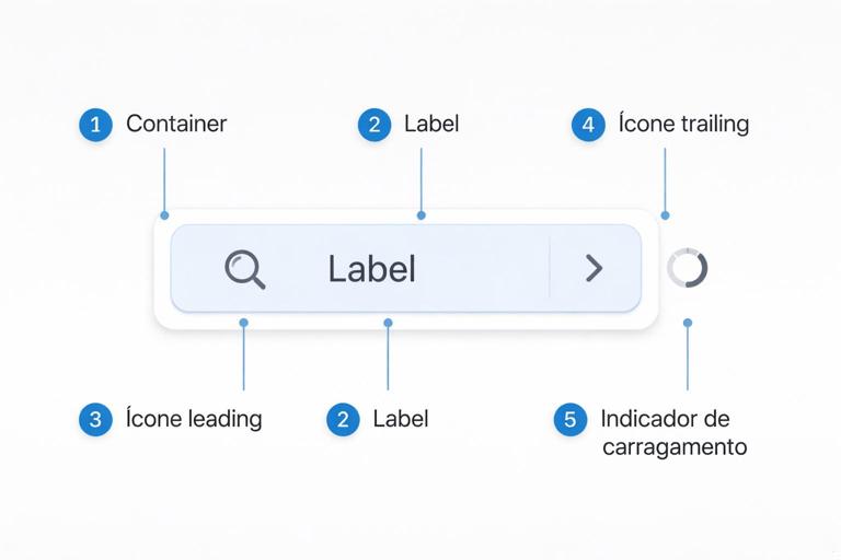 Mockup limpo de um botão de interface com callouts numerados e setas apontando para Container, Label, Ícone leading, Ícone trailing e Indicador de carregamento, estilo design system, fundo claro, tipografia legível, visual técnico e didático