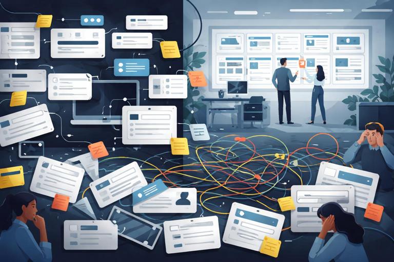 Ilustração editorial em estilo flat moderno mostrando um design system em caos: peças de UI duplicadas com nomes diferentes, telas quebradas, post-its de squads divergindo e um emaranhado de fluxos; contraste com uma área organizada ao fundo; cores sóbrias, alto contraste, sem texto legível.