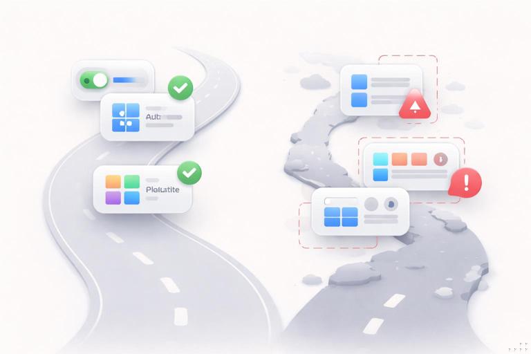 Ilustração editorial em estilo clean e moderno mostrando dois caminhos em um diagrama: mudanças compatíveis versus mudanças com ruptura, com ícones de componentes de UI, Auto Layout e tokens, cores neutras, fundo claro, visual tipo material design, sem texto legível