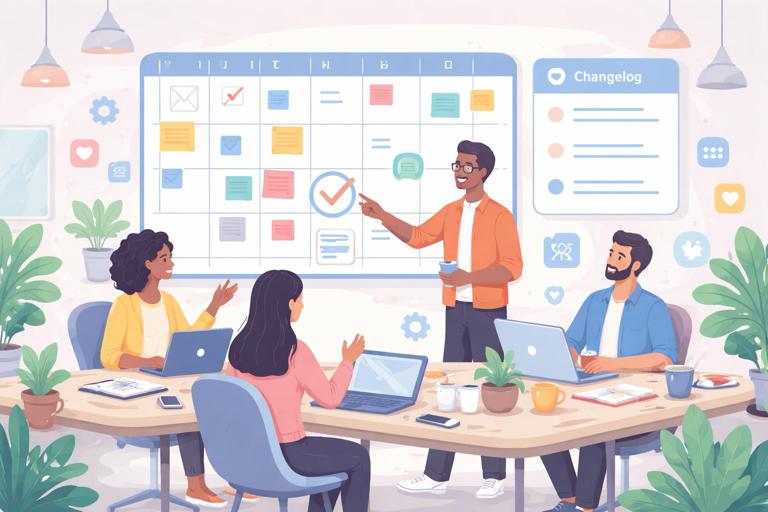 Cena de trabalho em equipe em estilo ilustração flat: calendário semanal com uma janela marcada, painel de changelog, ícones de design system e comunicação, ambiente de escritório moderno, cores suaves, sem texto legível