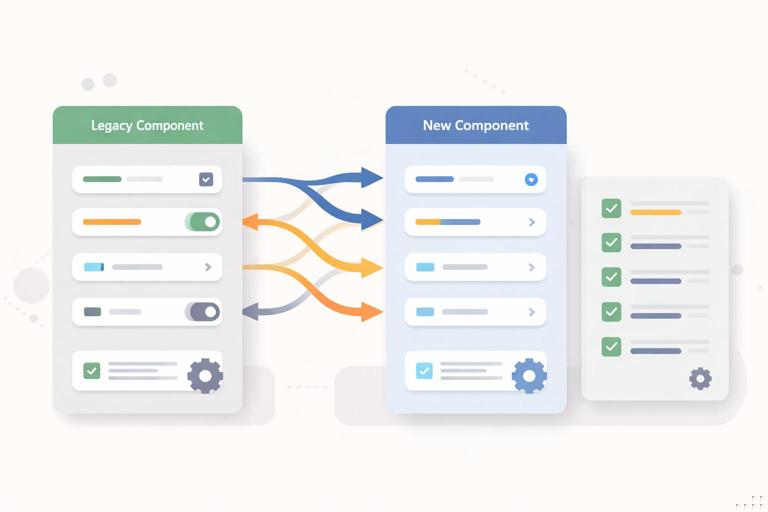 Ilustração flat de migração guiada: duas colunas lado a lado representando componente legado e componente novo, setas de mapeamento de propriedades, checklist de passos, estética de design system, fundo claro, cores sóbrias, sem texto legível