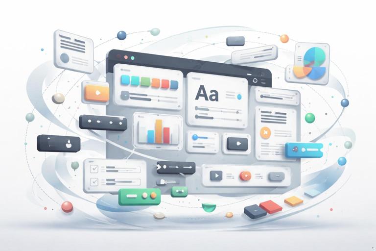 Ilustração editorial de um design system vivo evoluindo: componentes de UI e tokens (cores, tipografia) se reorganizando como peças de um ecossistema, sensação de mudança controlada, estilo moderno, limpo, cores neutras com acentos, sem texto.