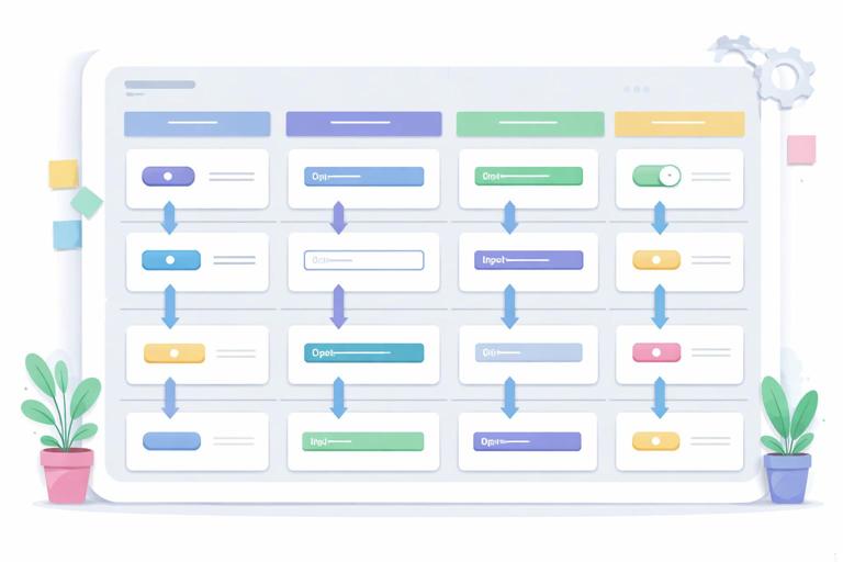 Ilustração de um plano de rollout híbrido: um quadro Kanban com cartões de componentes (botões, campos, navegação) e linhas por squads, setas indicando migração gradual, estilo flat moderno, cores suaves, sem texto.