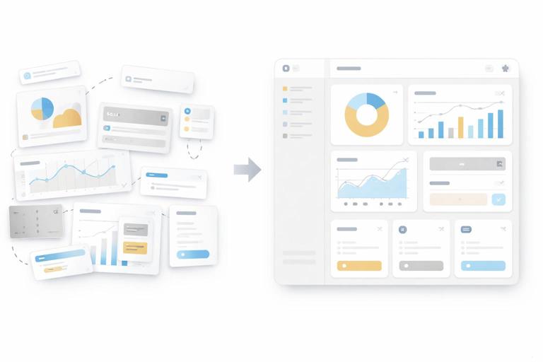 Ilustração conceitual de uma tela Frankenstein sendo padronizada: interface dividida em partes desalinhadas que se transformam em um layout consistente com componentes uniformes, estilo clean, sem texto, cores neutras e acentos.