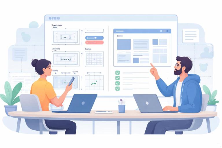 Ilustração editorial em estilo flat moderno mostrando designer e desenvolvedor alinhando uma interface com uma folha de specs: medidas, estados (loading/erro/vazio), grid e checklist de aceite; ambiente de trabalho digital, cores suaves, sem texto legível, composição limpa