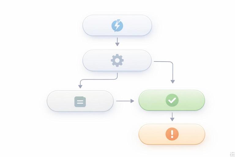 Diagrama simples em estilo UI/UX mostrando fluxo de interação: evento -> condição -> resultado -> fallback, com caixas conectadas; visual clean, cores neutras, sem texto legível, aparência de documentação de produto
