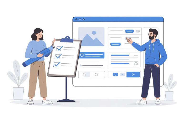 Ilustração editorial minimalista mostrando um designer e um desenvolvedor usando um checklist curto em uma prancheta ao lado de uma tela com componentes UI, estilo flat moderno, cores neutras com destaque azul, ambiente de escritório, composição limpa