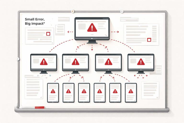 Cena editorial mostrando um pequeno erro em um componente UI se multiplicando em várias telas em um mural, estilo infográfico minimalista, linhas limpas, cores neutras com destaque vermelho, sensação de efeito cascata