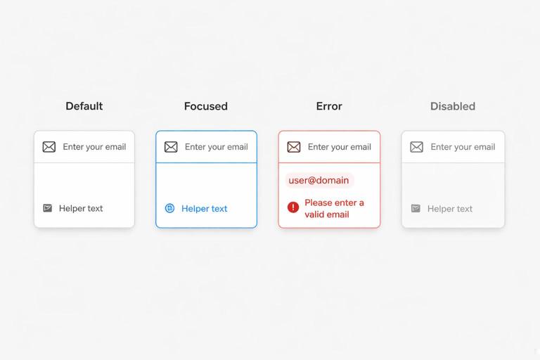 Mockup ilustrativo de um componente de campo de texto com ícone e mensagens de ajuda e erro, mostrando diferentes estados lado a lado (default, focus, error, disabled), estilo design system, fundo claro, tipografia limpa, aparência de Figma, composição organizada