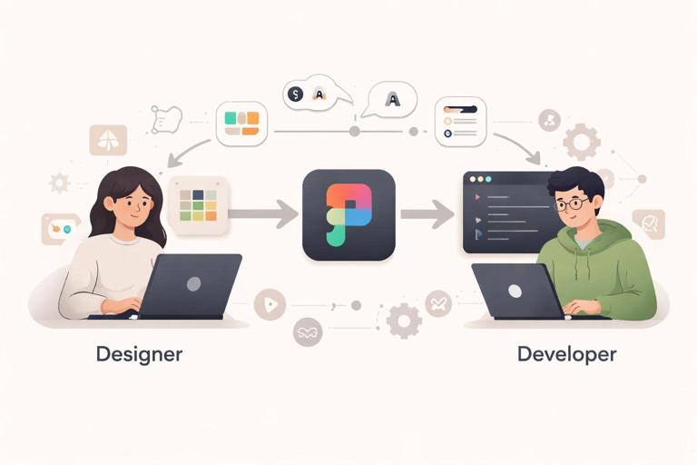 Ilustração editorial minimalista mostrando um designer e um desenvolvedor em lados opostos, com um fluxo claro e direto do Figma para o código, setas e símbolos de tokens, aparência moderna, tons neutros, estilo flat, alta legibilidade