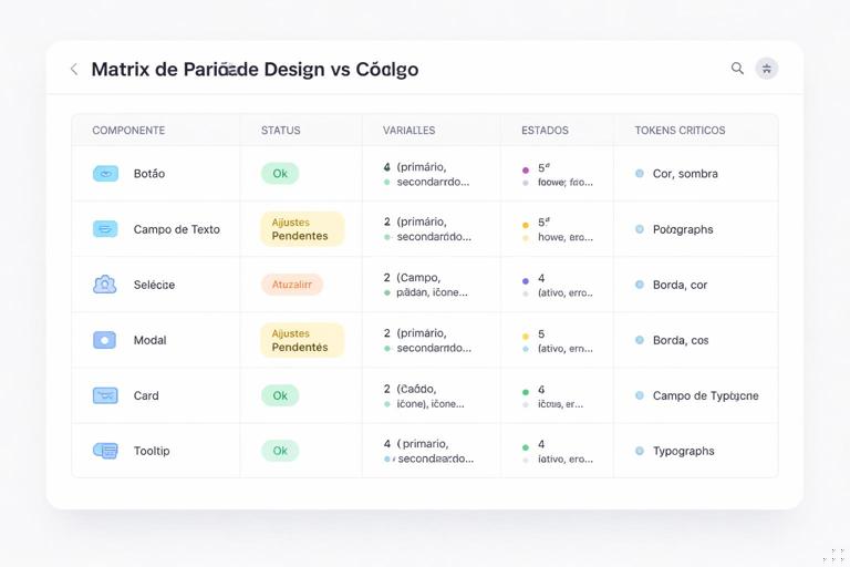 Tabela ou quadro estilo documentação interna mostrando matriz de paridade design x código, colunas com componente, status, variantes, estados e tokens críticos, visual limpo, estilo product design, cores suaves, aparência de wiki corporativa