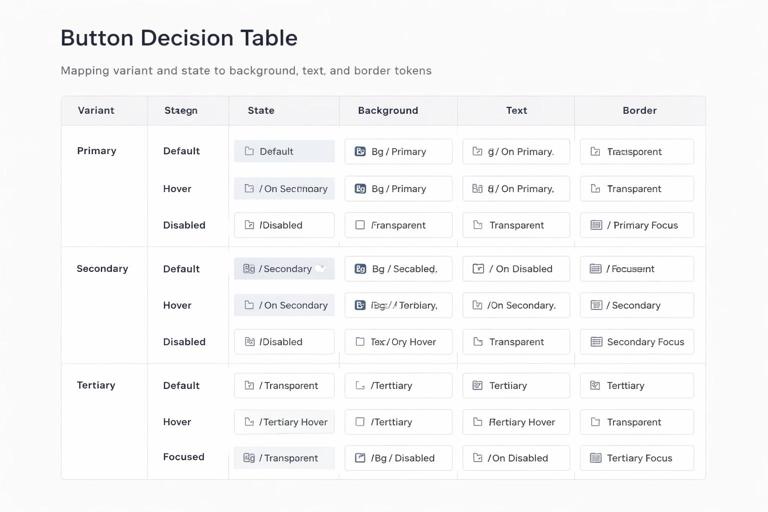 Ilustração de uma tabela de decisão de Design System para um botão, mapeando variant e state para tokens de background, text e border, estilo UI documentation, visual limpo, tipografia legível, cores neutras