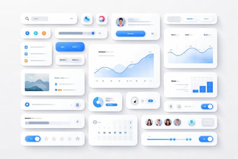Ilustração em estilo moderno e limpo de design de interface: várias peças de UI (botões, campos de texto, cards, badges, tabs) como blocos modulares se encaixando em uma grade, sensação de sistema coerente, cores neutras com um destaque em azul, fundo claro, estética de produto digital, sem texto legível