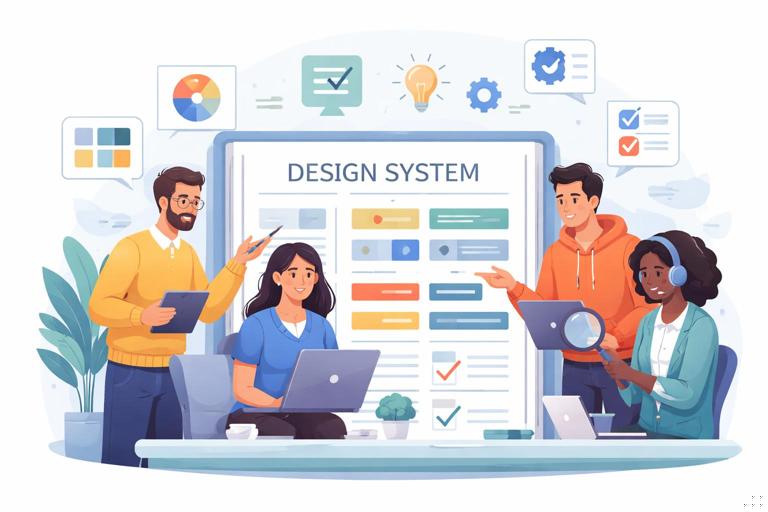 Ilustração editorial em estilo flat moderno mostrando um time multidisciplinar (design, desenvolvimento, produto e QA) reunido em torno de um manual/guia de design system, com ícones de regras, checklist e componentes UI, em um ambiente de trabalho digital, cores suaves e aspecto profissional