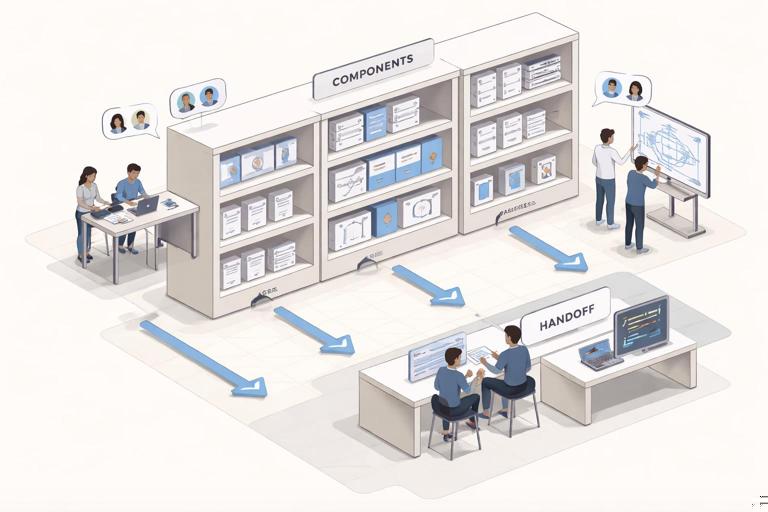 Ilustração em estilo isométrico e minimalista de um workspace do Figma organizado como uma biblioteca: páginas e componentes arrumados em colunas, ícones de times colaborando, setas indicando handoff previsível, paleta neutra com destaque em azul, visual limpo e profissional.