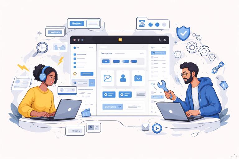 Ilustração conceitual de dois perfis colaborando em um design system: à esquerda uma pessoa buscando e usando componentes rapidamente, à direita outra pessoa editando e mantendo componentes sem quebrar dependências; no centro um arquivo do Figma organizado, estilo flat moderno, cores neutras com acento azul.