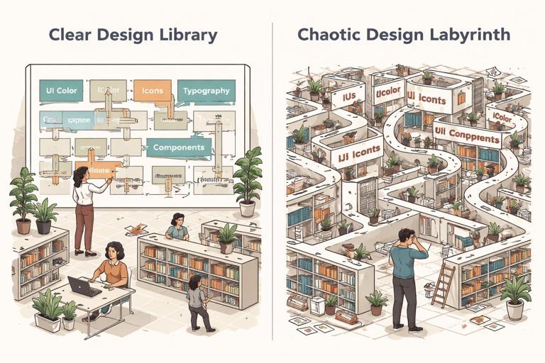 Ilustração conceitual de uma biblioteca de design organizada como um mapa claro versus um labirinto caótico, metáfora visual de escalabilidade e entropia, estilo editorial moderno, cores neutras com acentos, alta legibilidade