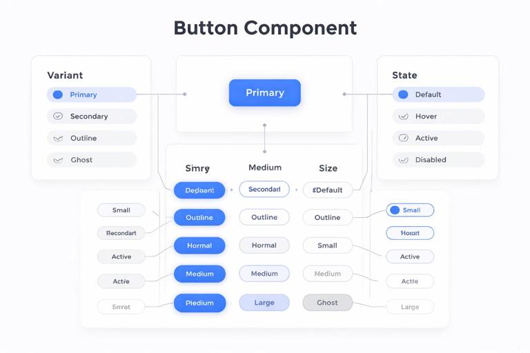 Tela conceitual estilo Figma mostrando um componente único Button com propriedades variant, size e state controlando variações, diagrama limpo e didático, visual minimalista, cores suaves, foco em organização e reutilização