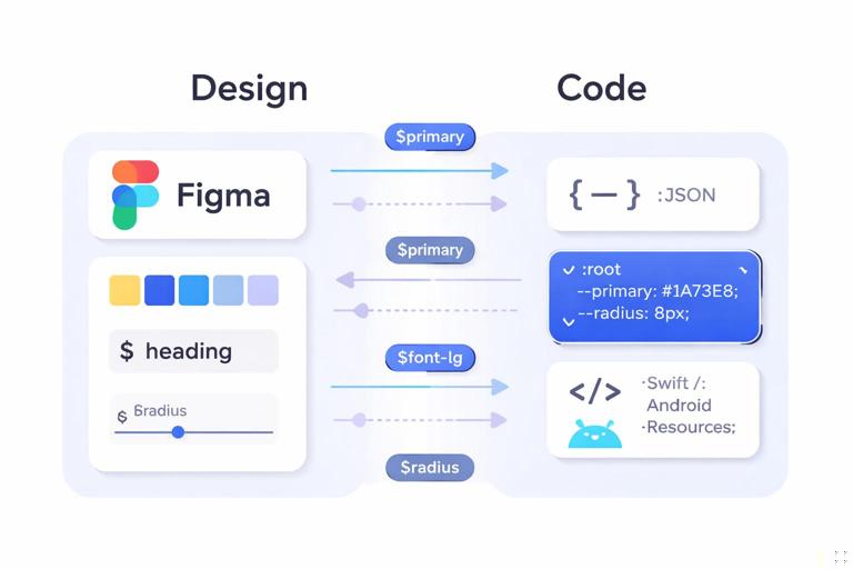 Ilustração em estilo clean e moderno mostrando um fluxo entre Design (Figma com estilos e variáveis) e Código (JSON, CSS variables, Swift/Android resources), com setas e tokens nomeados conectando os dois lados, paleta neutra com detalhes em azul, visual de design system