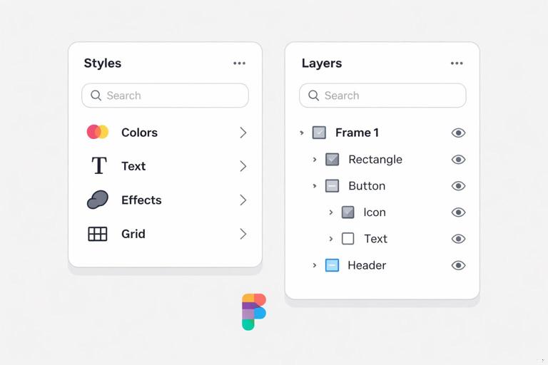 Ilustração minimalista de interface do Figma mostrando painéis de Styles e camadas, com ícones de cor, texto, sombra e grid, estilo flat, cores neutras, alta legibilidade