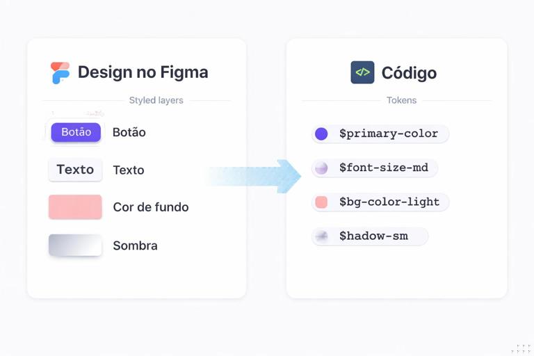 Diagrama simples em duas colunas: à esquerda Design no Figma com Styles aplicados em camadas, à direita Código com tokens, com uma seta de mapeamento entre os dois, estilo clean, tipografia sans, fundo claro